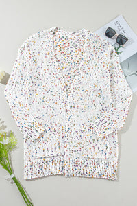 White Multicolor Dotted Rib Knit Long Sleeve Cardigan