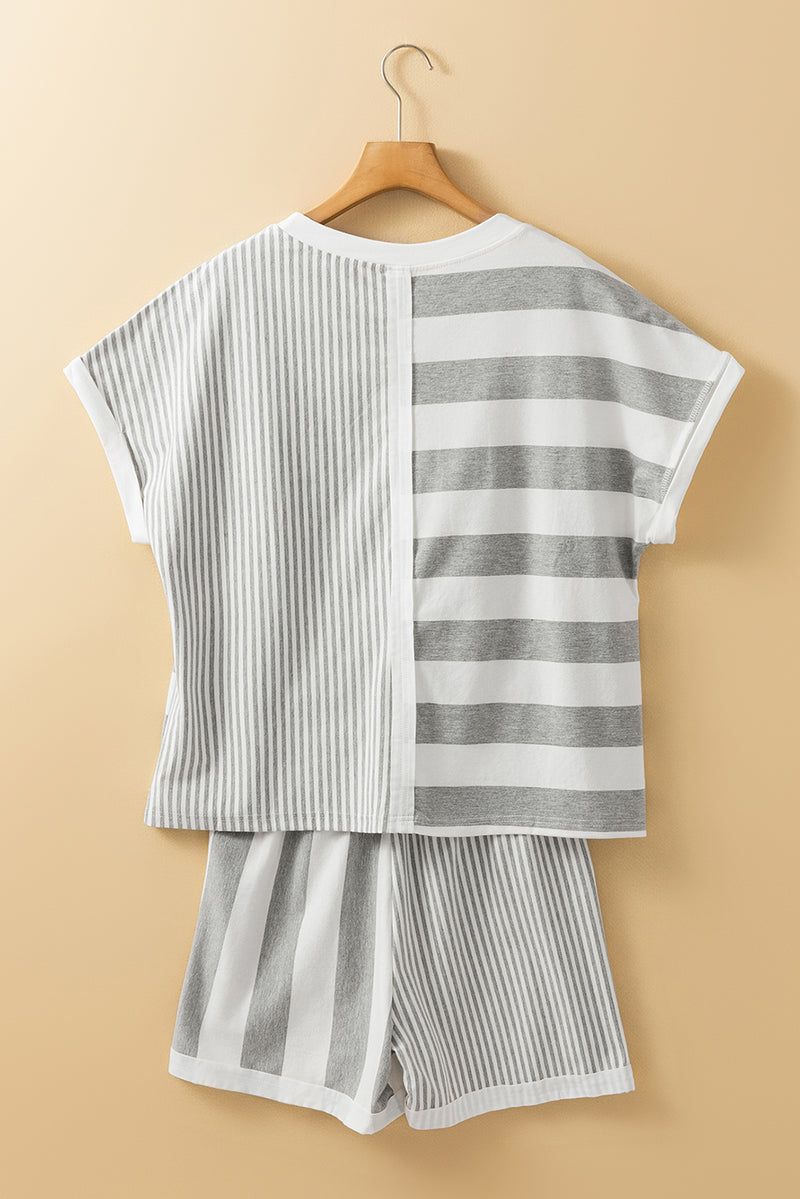 Gray Stripe Mixed Print Short Sleeve Top and Pocketed Shorts Set