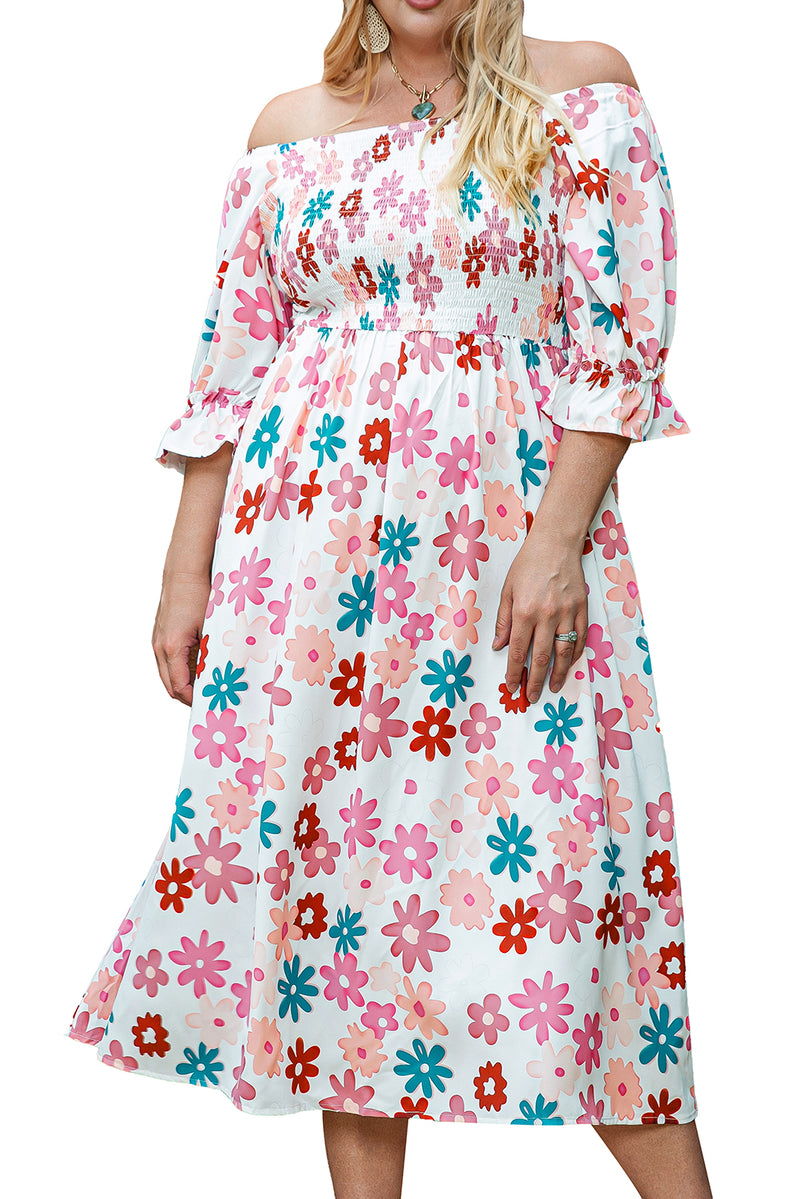 White Plus Size Flower Print Smocked Off Shoulder Dress