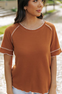 Chestnut Contrast Seam Frilly Edge Waffle Knit T-shirt