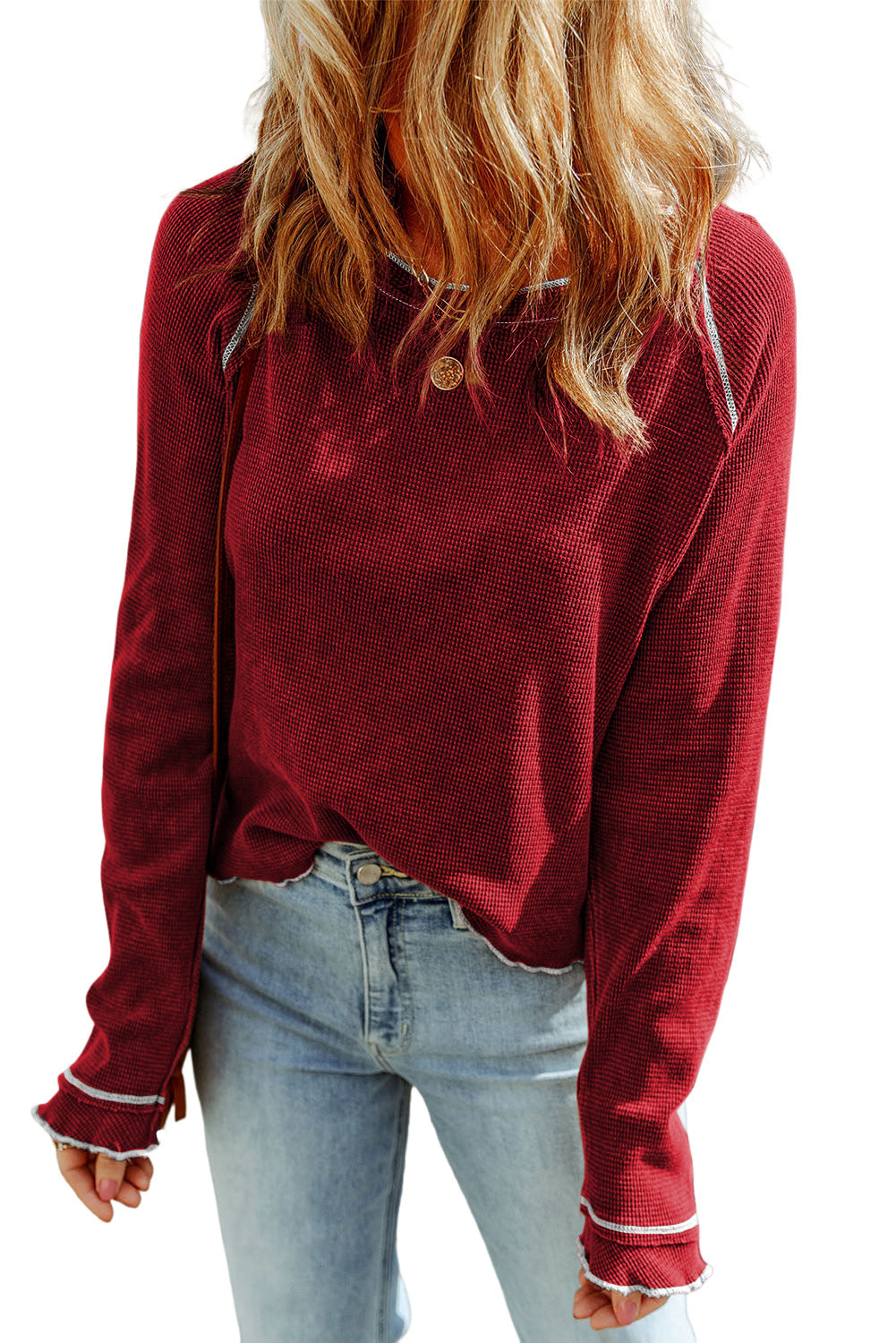 Chestnut Contrast Seam Frilly Edge Waffle Knit T-shirt