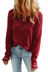 Chestnut Contrast Seam Frilly Edge Waffle Knit T-shirt