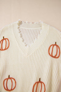 Beige Cable Knit Pumpkin Raw Hem V Neck Loose Sweater