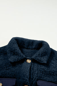 Blue Contrast Flap Pocket Single Breasted Teddy Coat