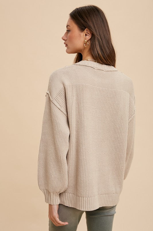 Annie Wear Half Button Ribbed Hem Sweater