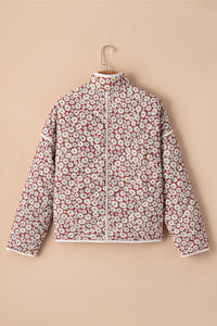 Pink Floral Print Contrast Edge Stand Neck Coat