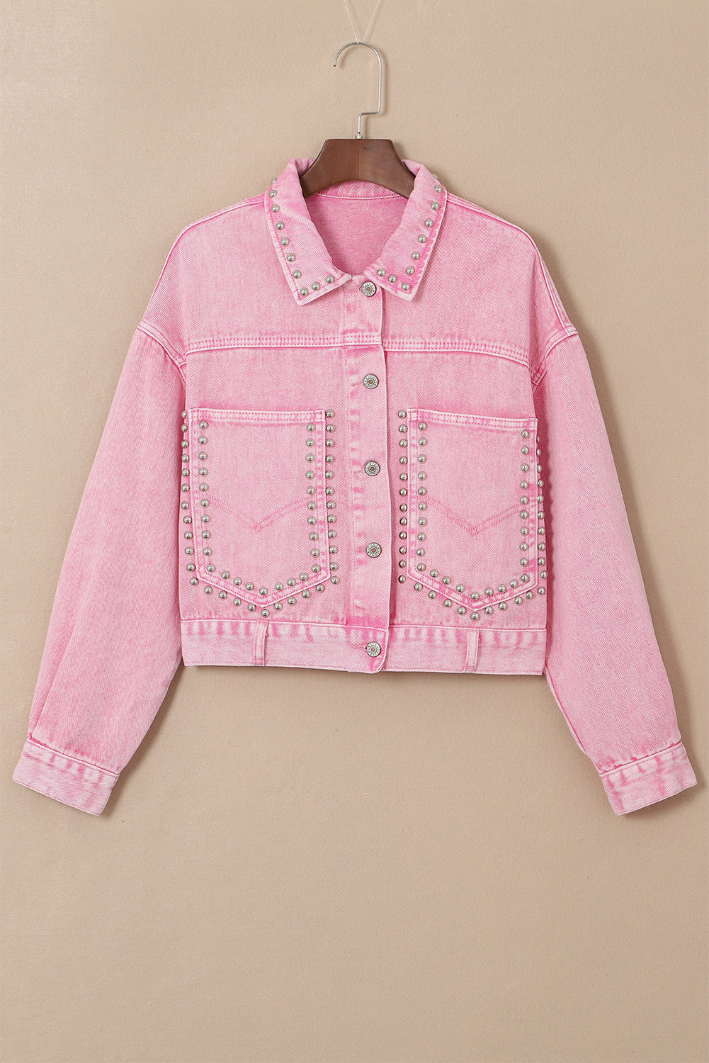 Pink Rivet Studded Pocketed Denim Jacket