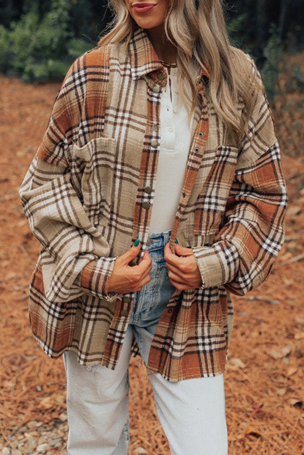 Khaki Plaid Colorblock Patchwork High Low Shacket