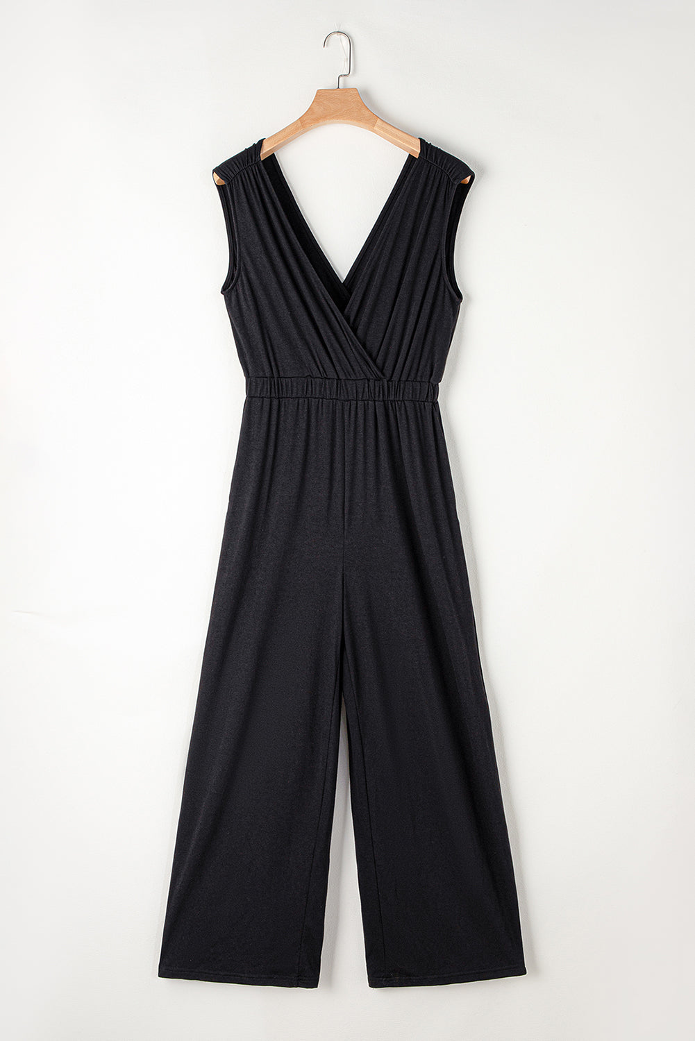 Black Deep V Pleated Crisscross Wide Leg Backless Jumpsuit