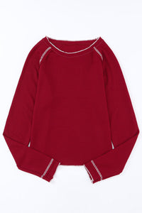 Chestnut Contrast Seam Frilly Edge Waffle Knit T-shirt