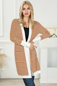 White Extended Long Sleeve Plus Size Striped Cardigan