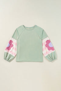 Smoke Green Flower Patchwork Raglan Sleeve Exposed Seam Oversized Top