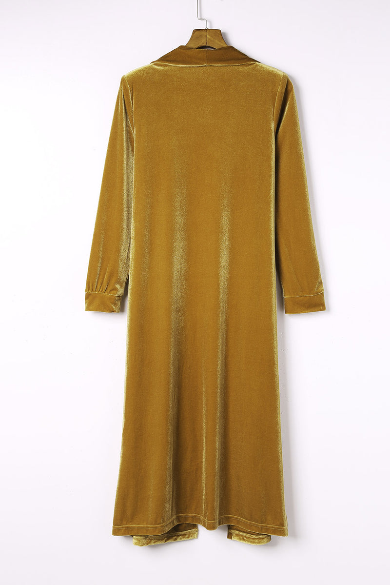 Yellow Velvet Open Front Pocketed Long Duster