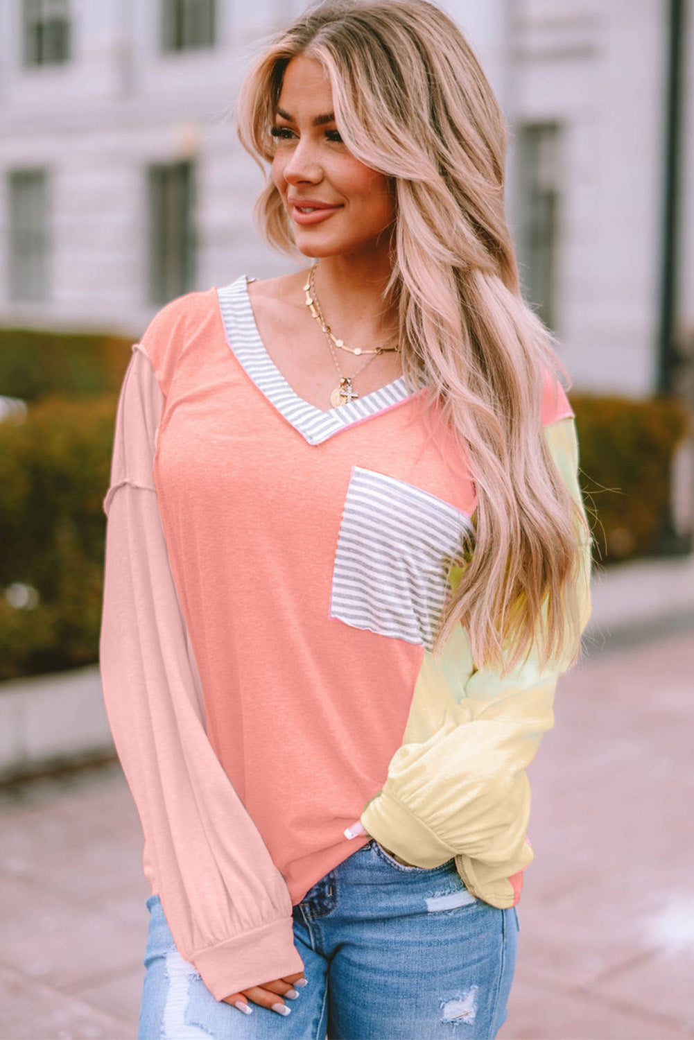 Striped Color Block Splicing Long Sleeve T Shirt