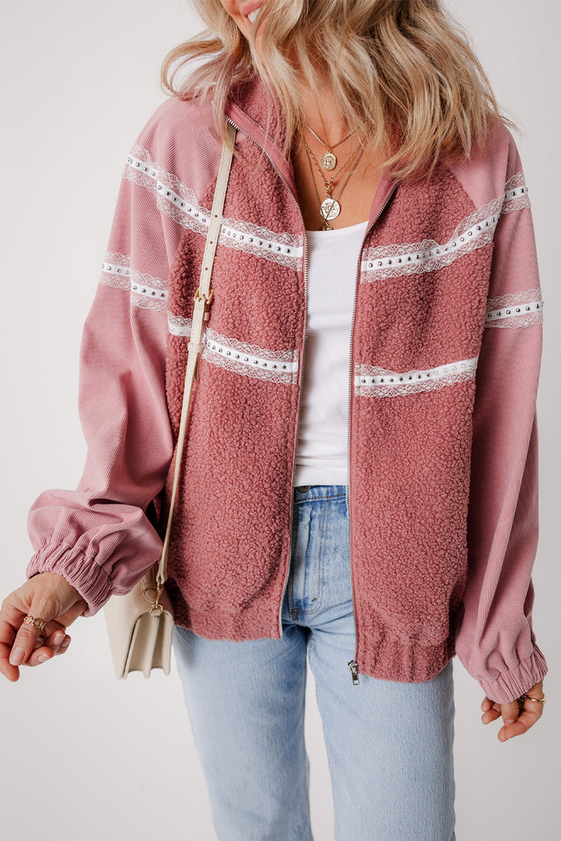 Rose Pink Sherpa Patchwork Lace Elastic Cuff Zip Up Jacket