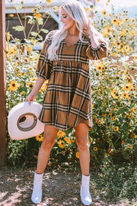 Brown Printed Plaid V Neck Plus Size Babydoll Dress