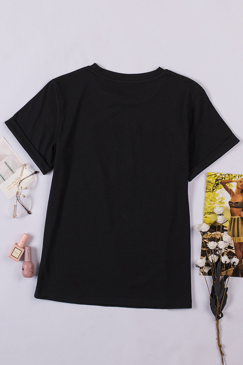 Black Round Neck Rolled Sleeve Plus Size T-shirt