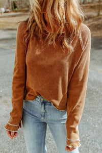 Chestnut Contrast Seam Frilly Edge Waffle Knit T-shirt