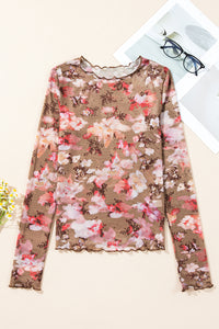 Red Floral Print Sheer Mesh Long Sleeve Top