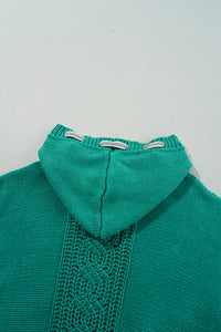 Sea Green Cable Knit V Neck Contrast Drawstring Hooded Sweater