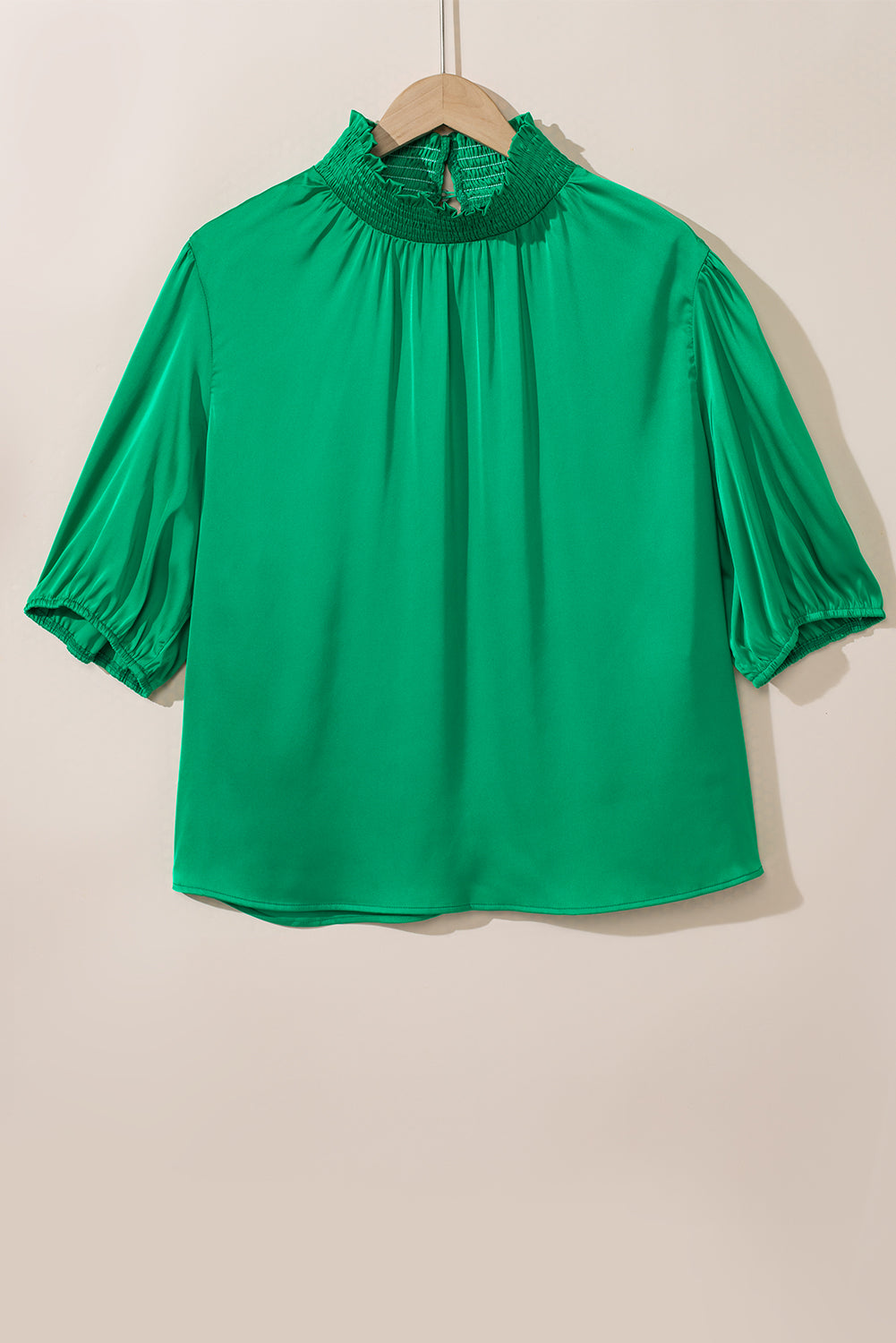 Sea Green Shirred High Neck Puff Sleeve Plus Size Blouse