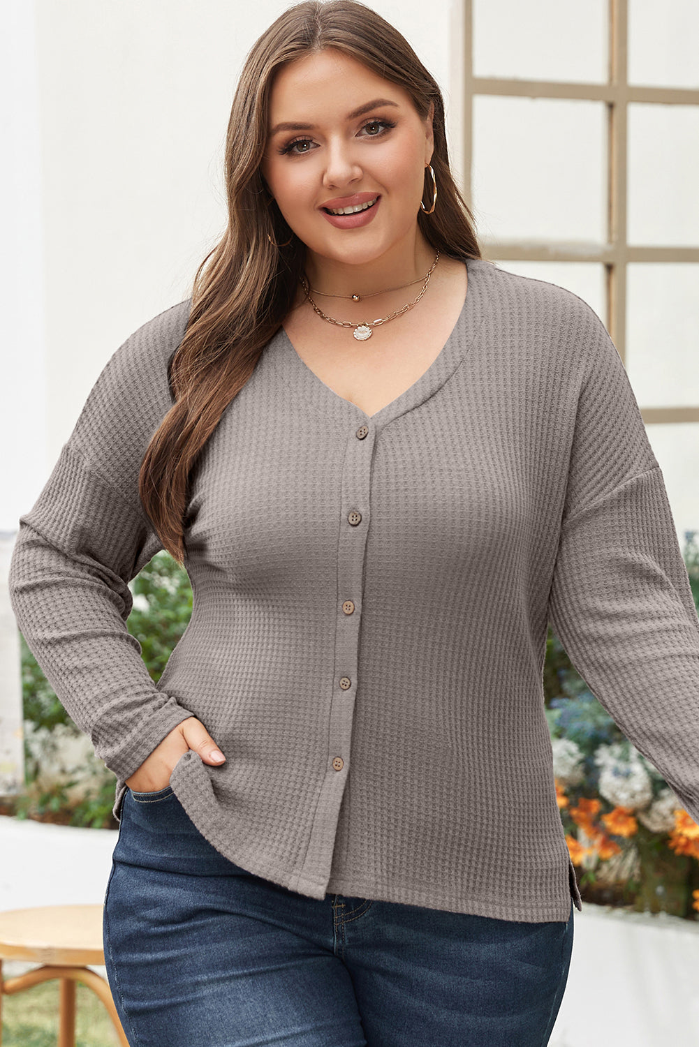 Simply Taupe Waffle Knit Drop Shoulder Button V Neck Plus Size Top