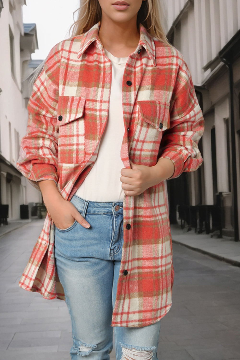 Sky Blue Plaid Flap Pocket Long Sleeve Shacket