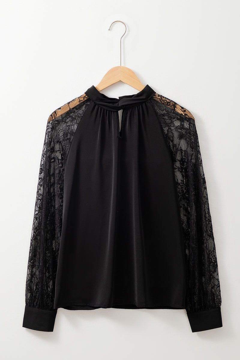 Black Keyhole Neckline Floral Lace Raglan Sleeve Blouse