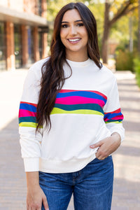 White Colorful Striped Accent Long Sleeve T Shirt