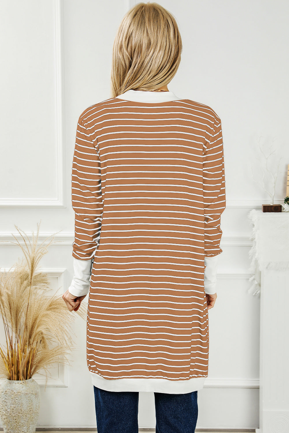 White Extended Long Sleeve Plus Size Striped Cardigan