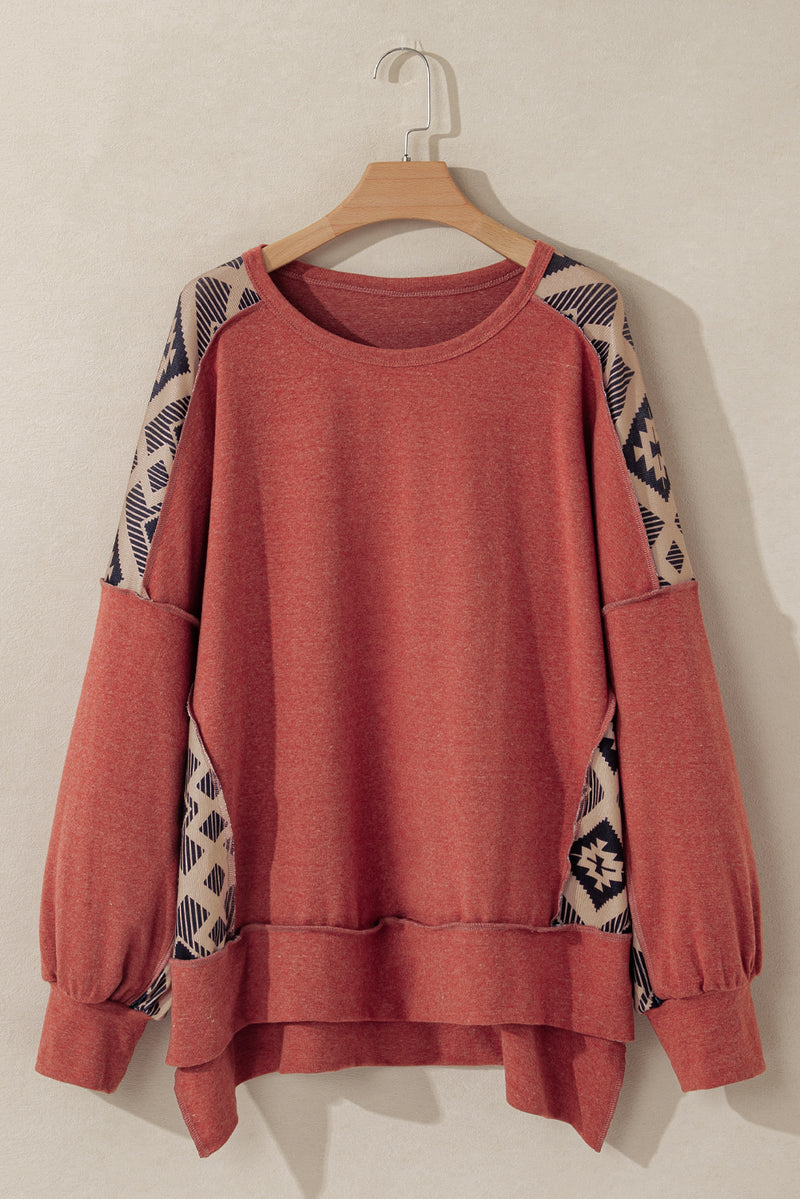 Redwood Burl Aztec Patchwork Drop Shoulder Plus Size High Low Sweatshirt