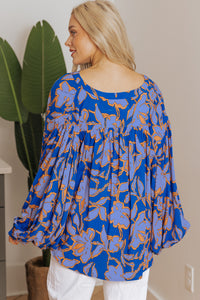 Blue Floral Print Batwing Sleeve Buttoned Loose Fit Shirt