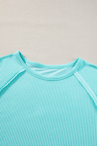 Light Blue Ribbed Exposed Seam Casual Plus Size T Shirt