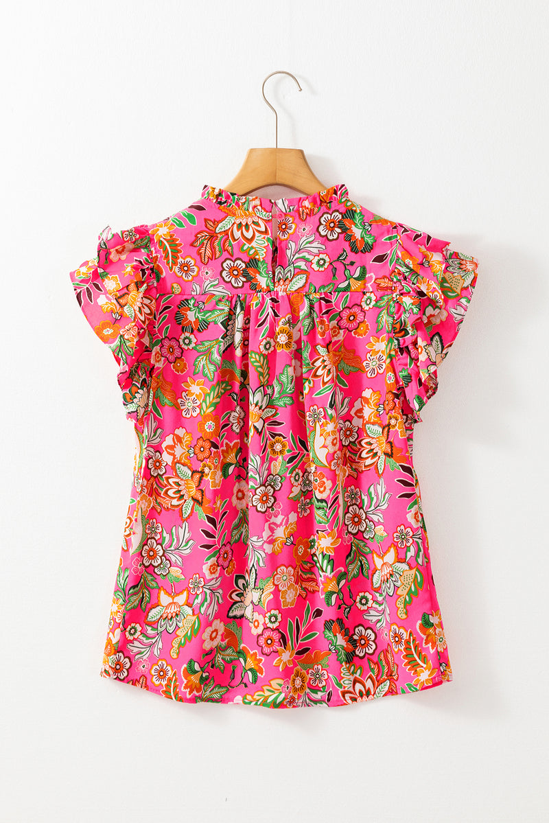 Rose Floral Print Pleated Ruffled Sleeve Summer Blouse