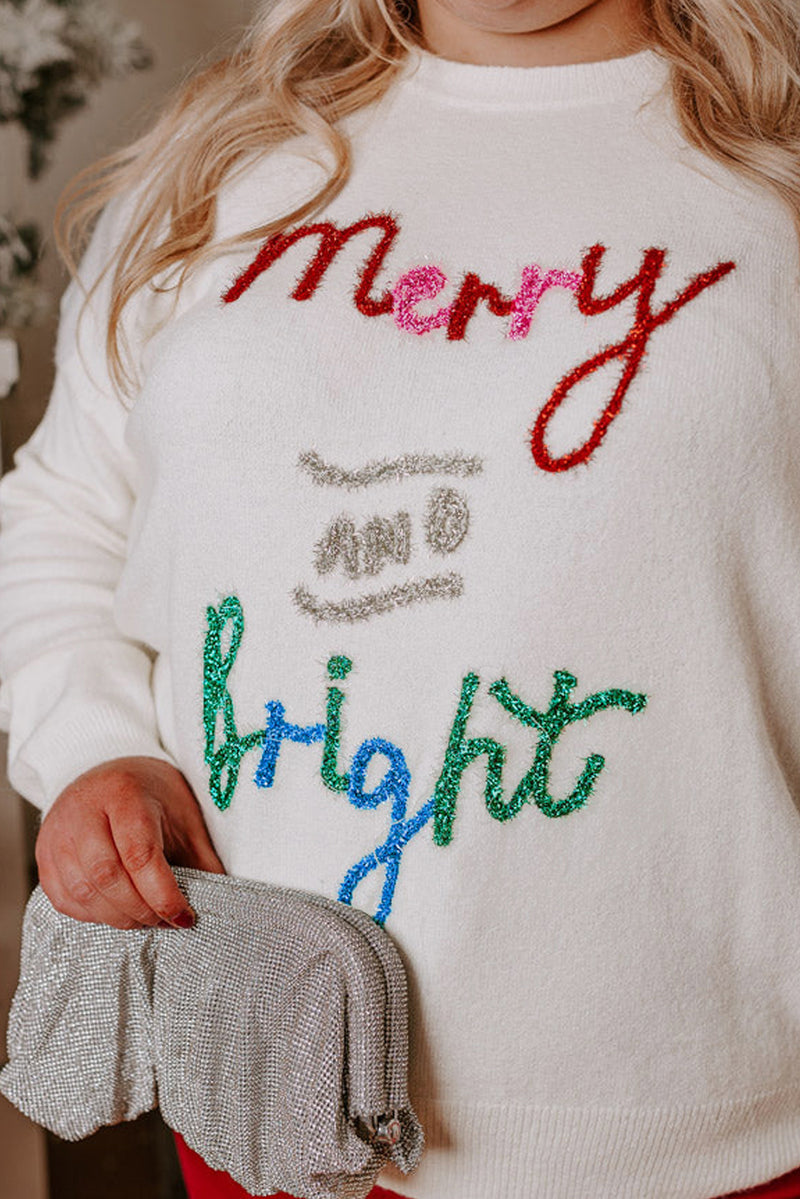 White Tinsel Merry AND Bright Pattern Plus Size Christmas Sweater