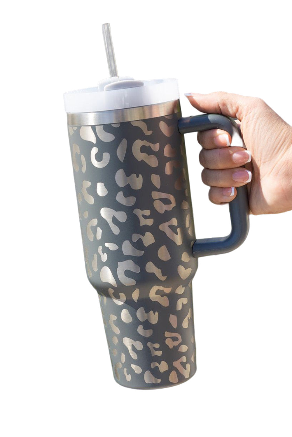 White Leopard Print 40OZ Stainless Steel Portable Cup with Handle