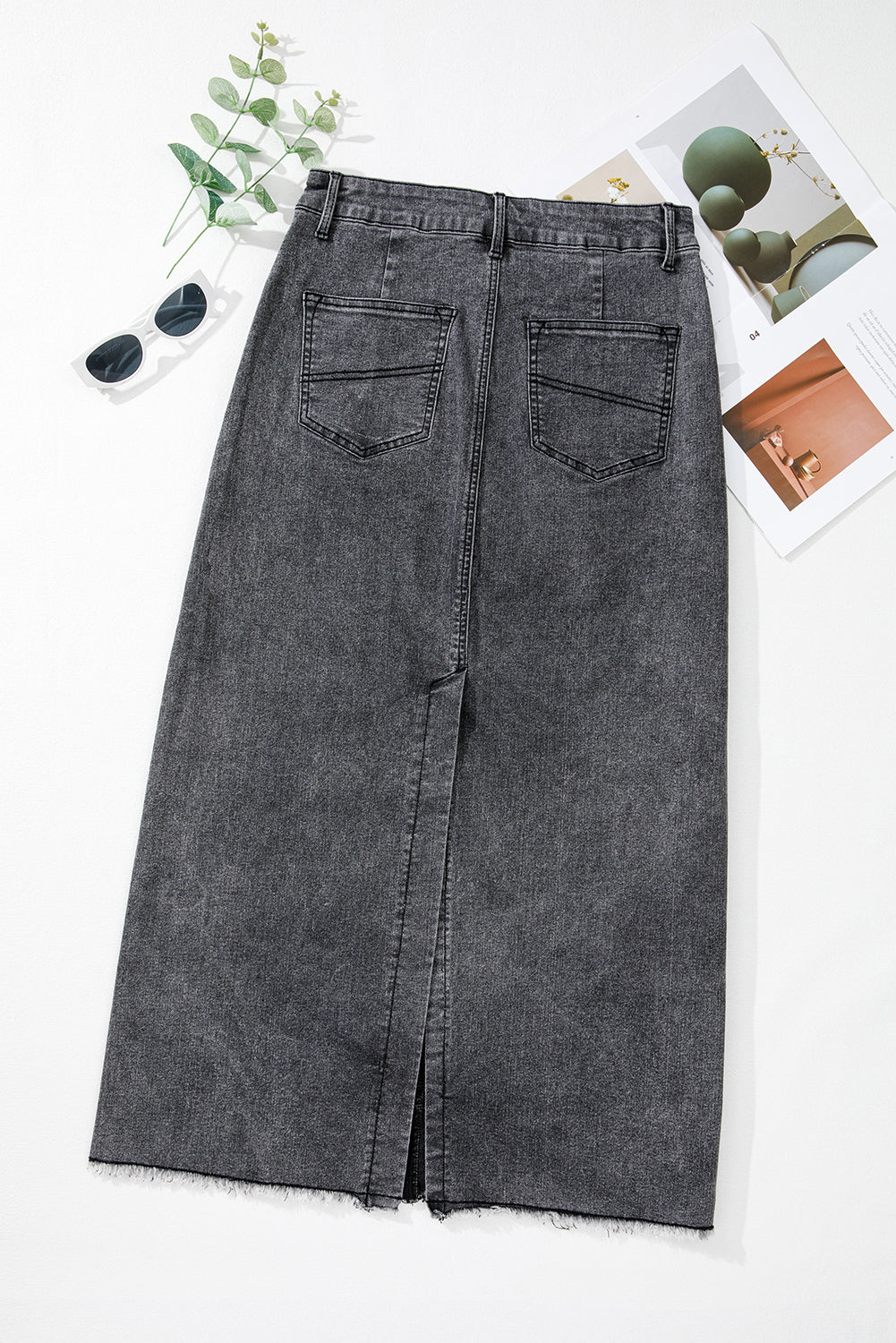 Dark Grey Denim Raw Hem Back Split High Waist Long Skirt