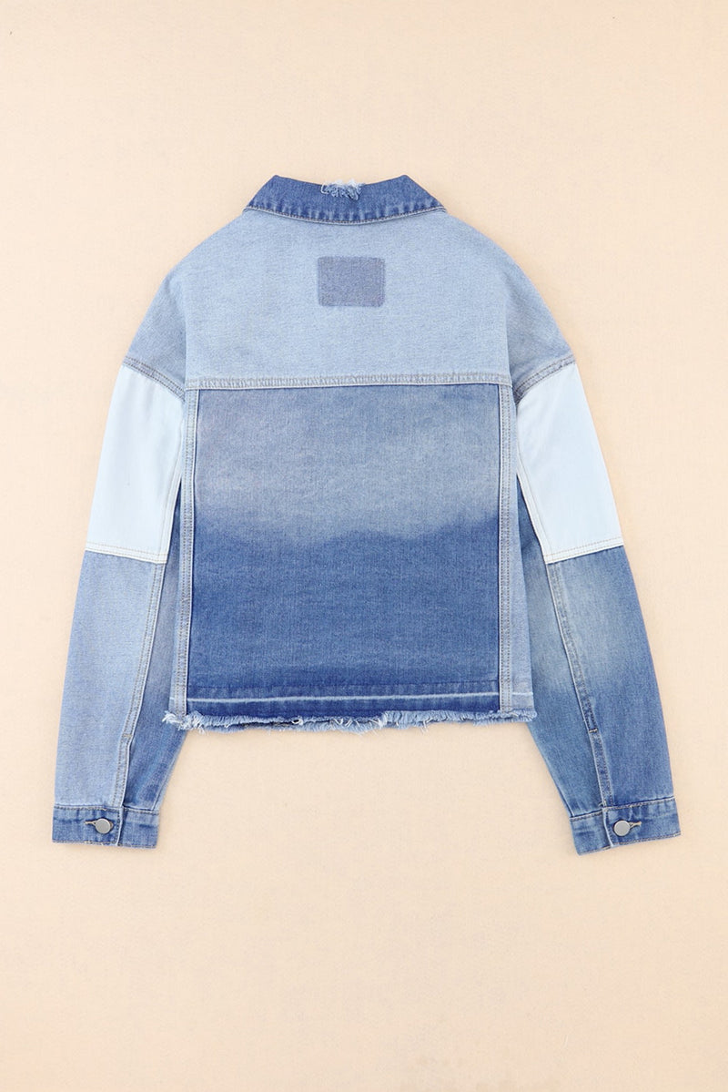 Sky Blue Color Block Denim Patchwork Frayed Hem Jacket