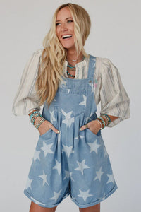 Light Blue Star Printed Buttoned Straps Pocketed Denim Romper