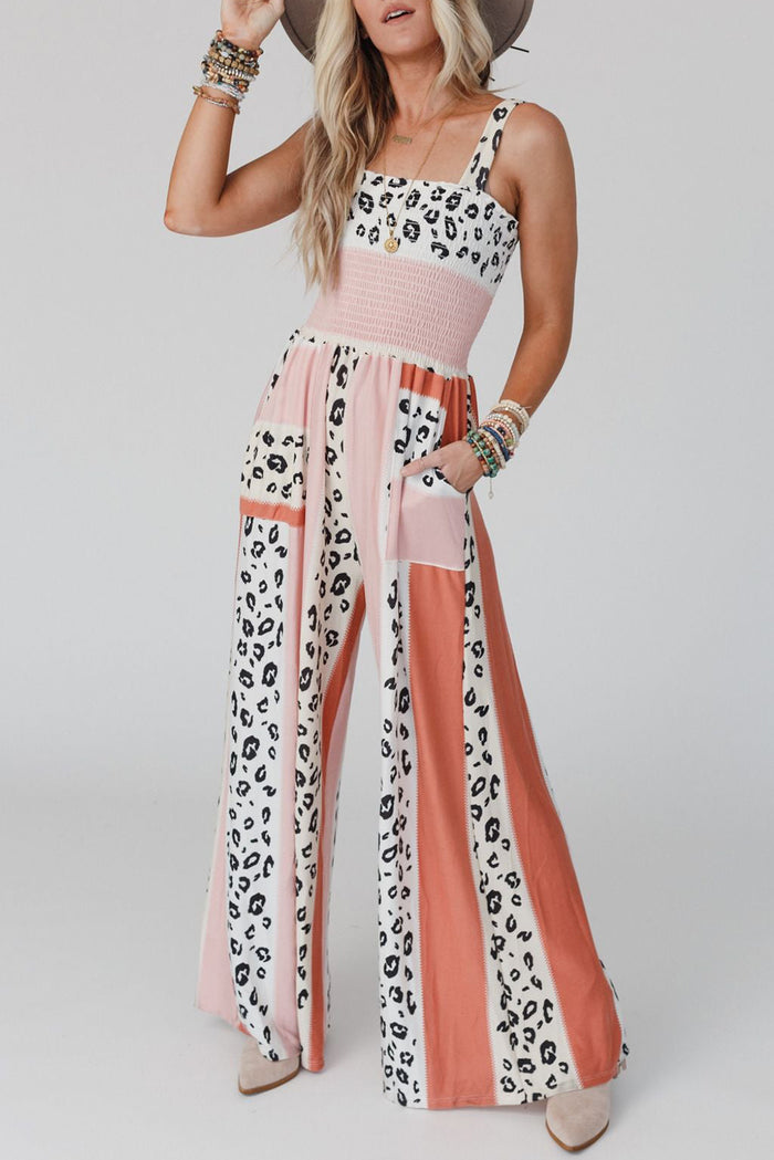 Pink Leopard Color Block Mix Print Pocketed Jumpsuit