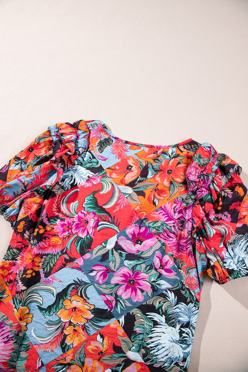 Multicolour Floral Print Ruffle Trim Bubble Sleeve Split Neck Blouse