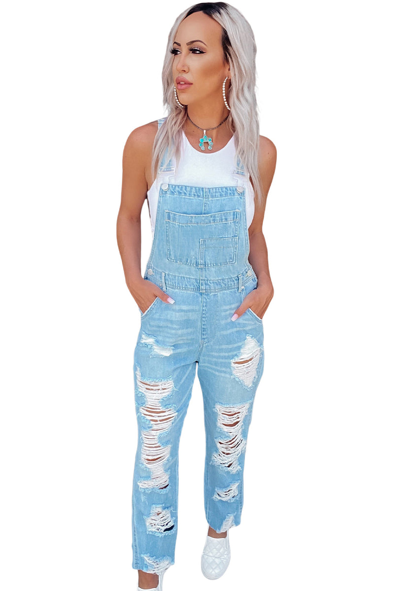 Sky Blue Constructed Bib Pocket Distressed Denim Overalls