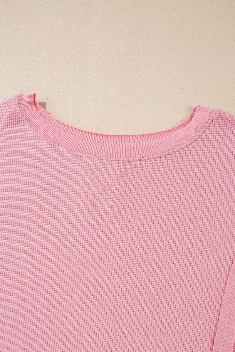 Pink Waffle Knit Bishop Sleeve Split Oversized Sweatshirt