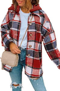 Orange Hooded Plaid Button Front Shacket