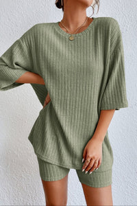 Green Plain Ribbed Loose Fit Two Piece Lounge Set