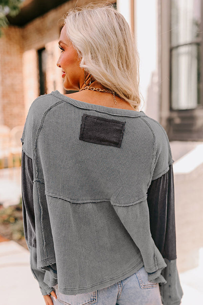 Medium Grey Waffle Knit Button Detail Exposed Seam Flowy Top