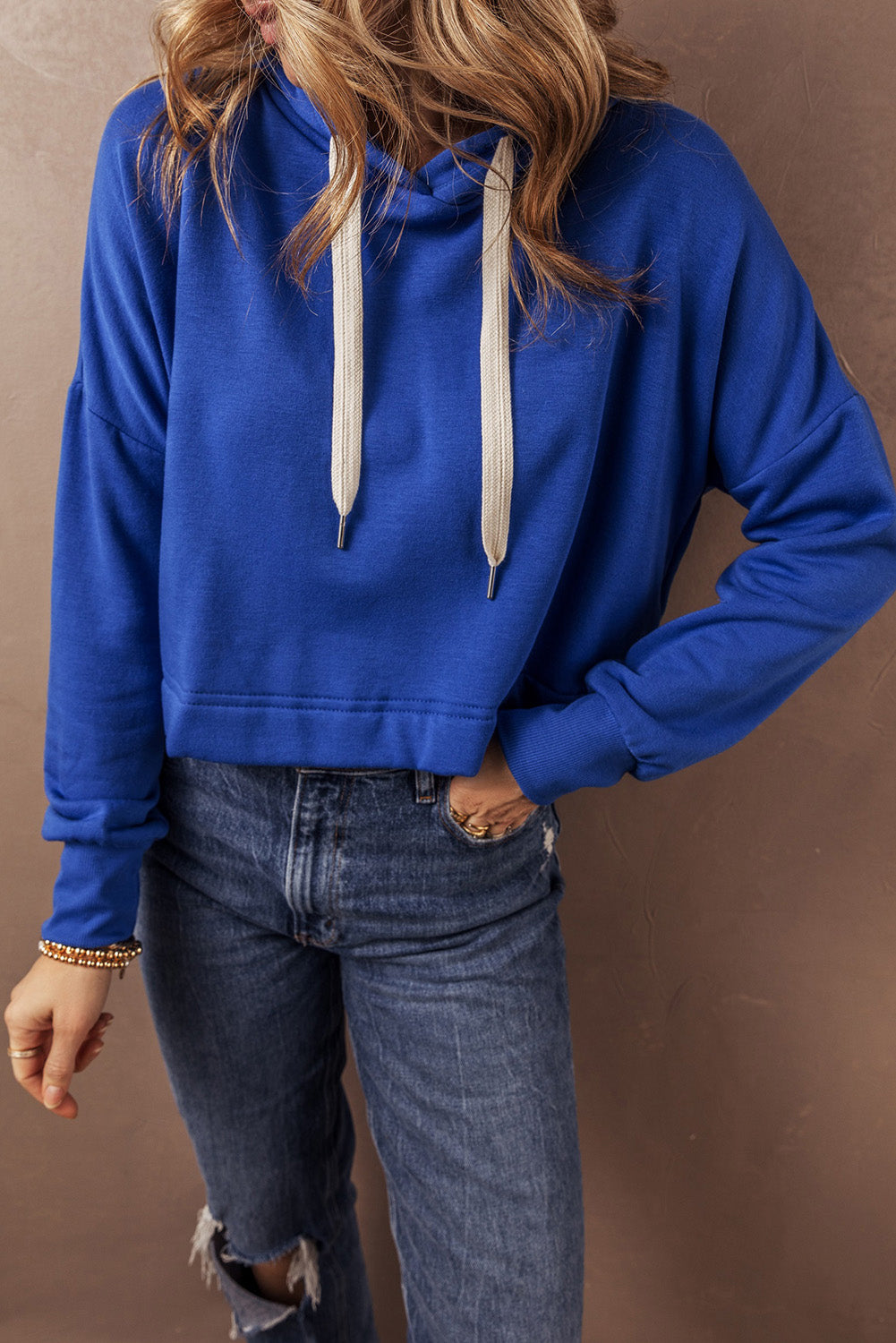 Dark Blue Solid Drop Shoulder Drawstring Cropped Hoodie