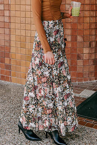 Brown Floral Print High Waist Maxi Skirt