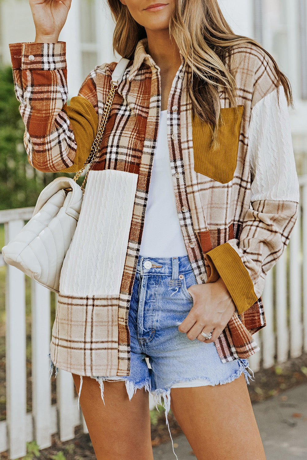 Gold Brick Plus Size Plaid Patchwork Button up Shacket