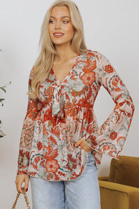 Orange Floral Print Deep V Neck Knot Bell Sleeve Blouse